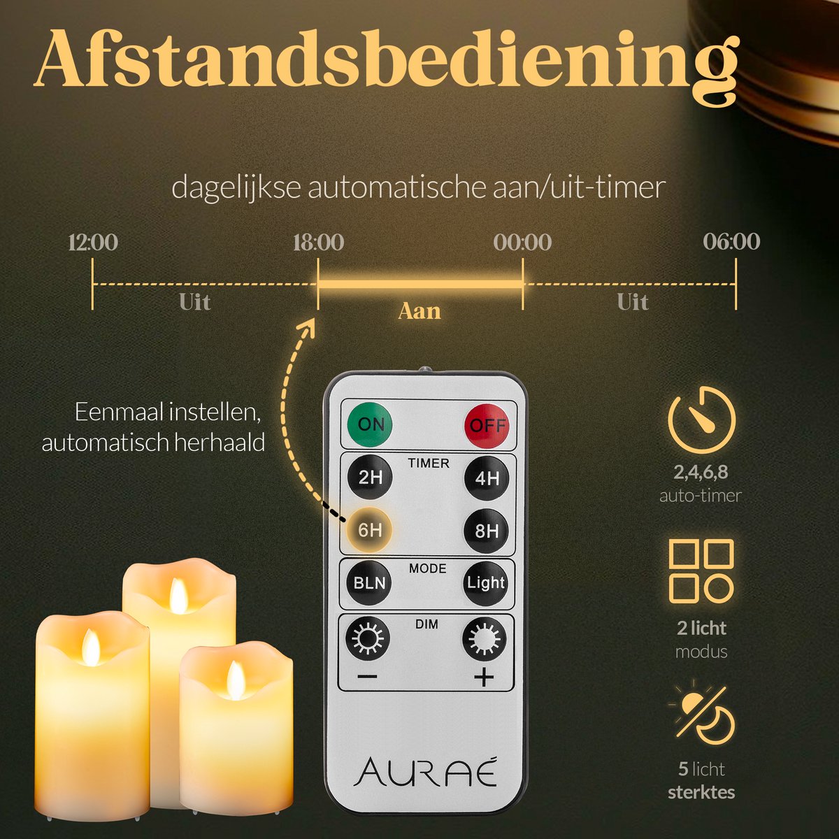 Aurae Oplaadbare Led Kaarsen met Bewegende Vlam - 3x - Echte Wax - 35+ Branduren - Afstandsbediening - Flikkerende Vlam - Oplaadbaar - Timer - Kerst Kaarsen — cadeau in Wonen & Interieur - foto 2