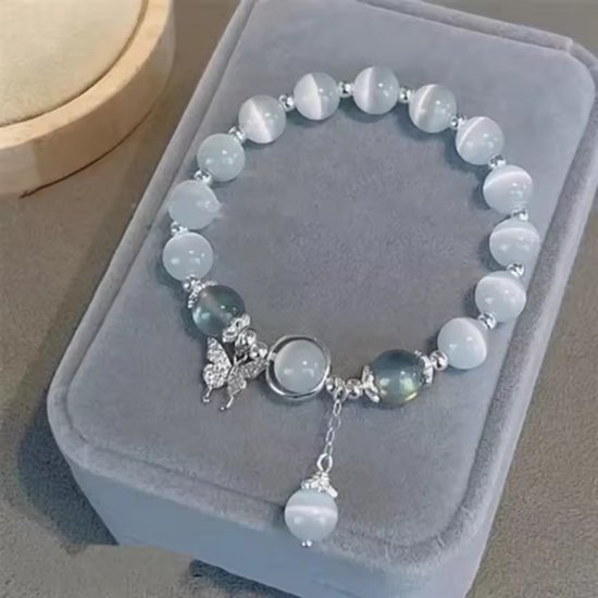 Bracelet Labradorite avec œil de chat et papillon (élastique)