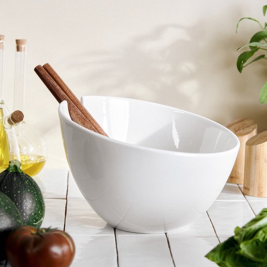 HOMLA Mooka Saladier en céramique avec accessoires – Bol de service, vaisselle de table, assiette à dessert, assiette à dessert, couleur noire brillante, 24 cm