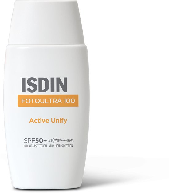 Witte fles ISDIN Fotoultra 100 Active Unify met SPF50+ UVBA, PA++++ HE-VL en de tekst 'Muy Alta Protección | Very High Protection'.