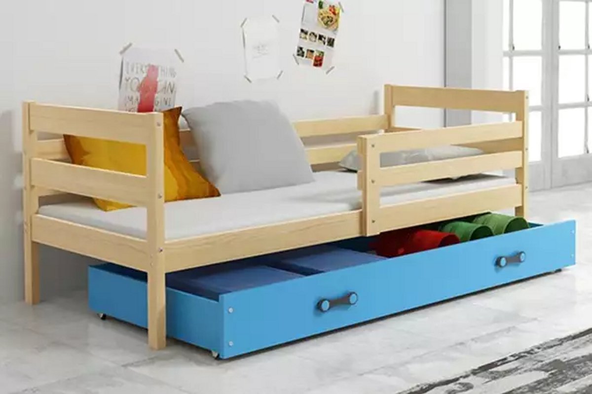 BMS - Eenpersoons Jeugd Bed ERYK - 90x200 cm - Blauw met Matras en Lade
