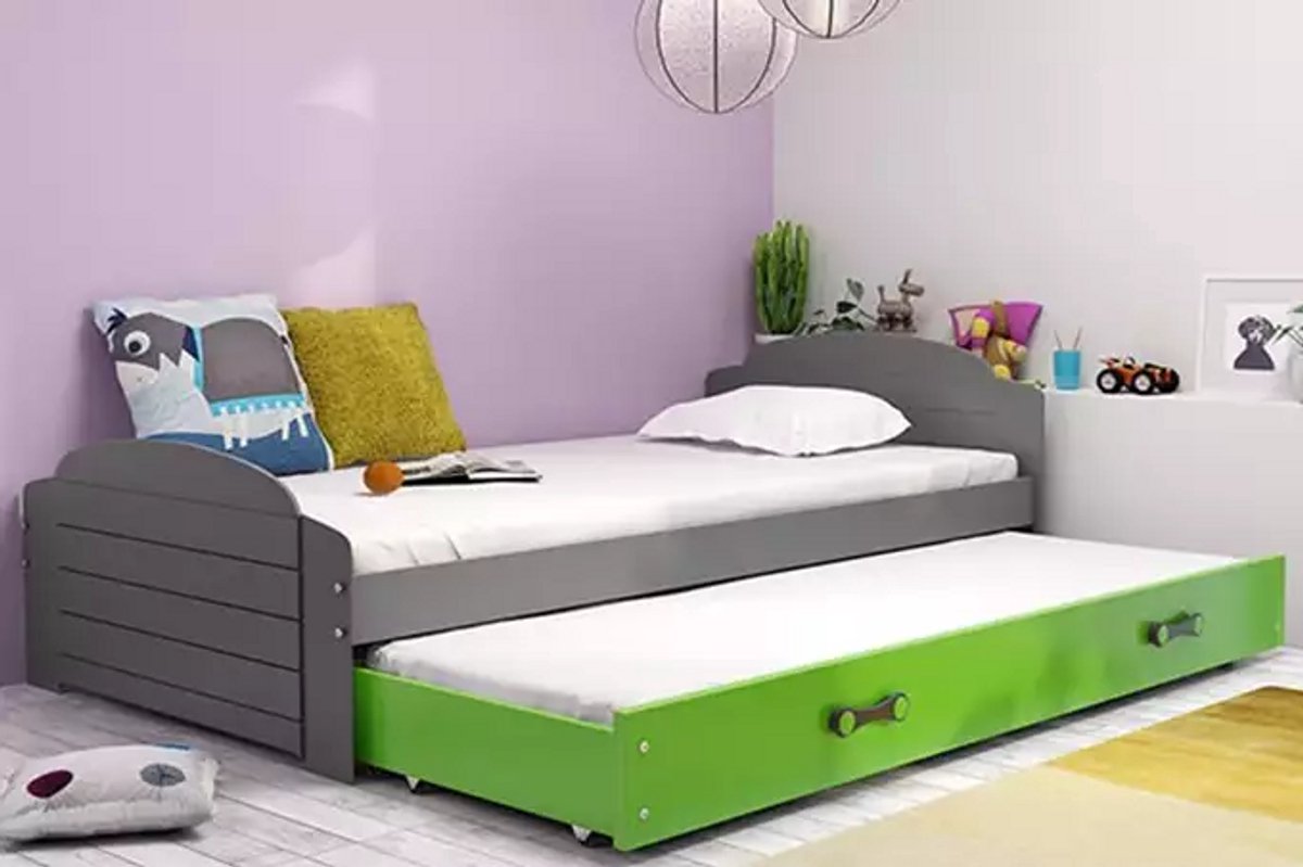 BMS - Pull-out Jeugdbed LILI - 90x200 met Matras en Lade - Grafiet/Groen