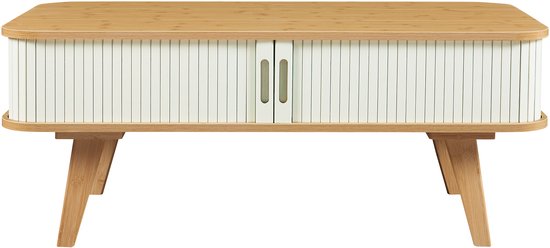 Salontafel van naturel bamboe met crème-witte lamellenkast en twee deurtjes.