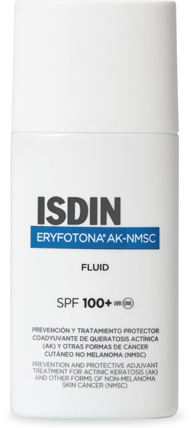 Witte ISDIN Eryfotona AK-NMSC fluid fles met SPF 100+ (UVA) tekst.