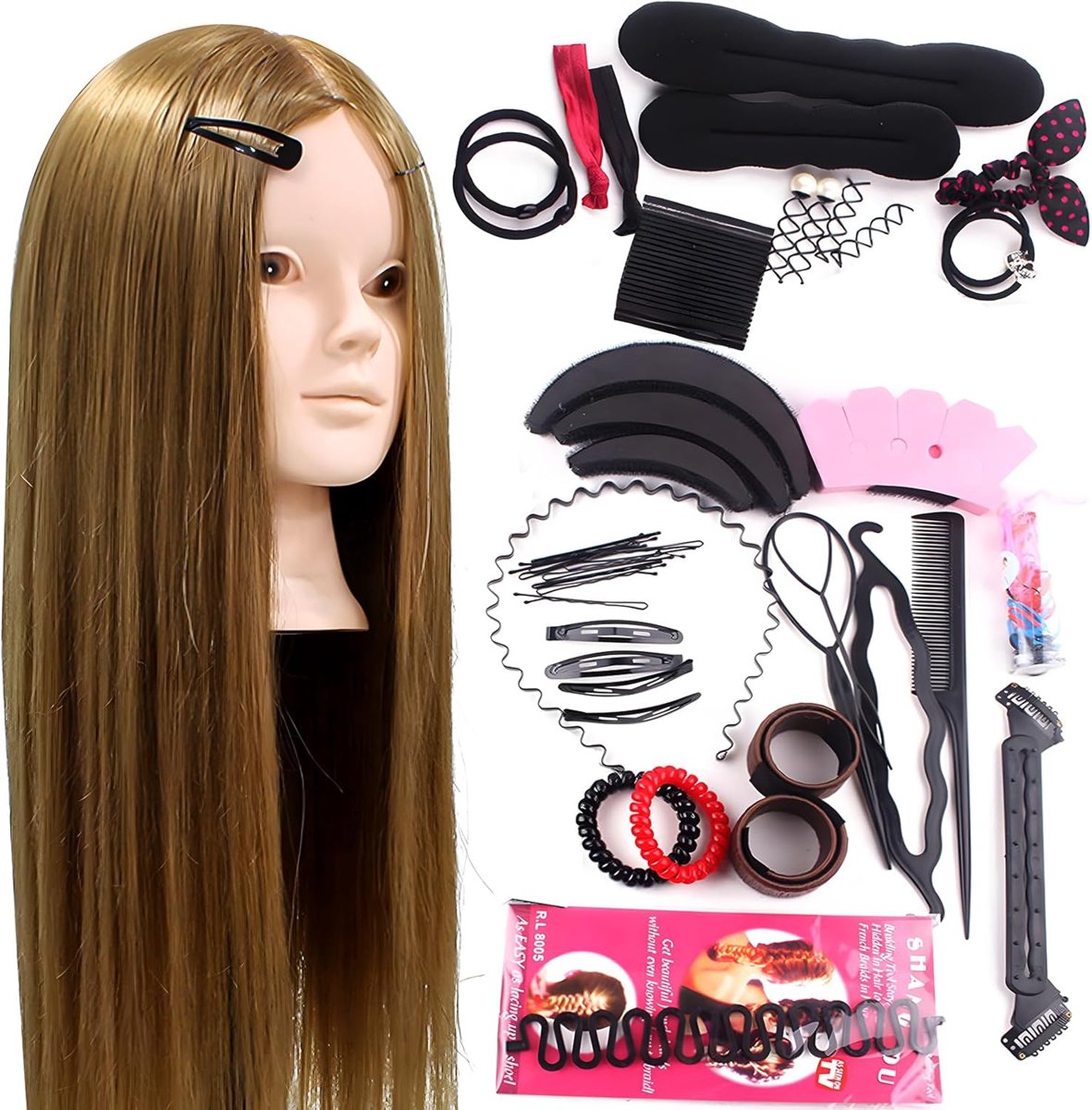 Kappershoofd 61 cm met 50% echt haar en styling set