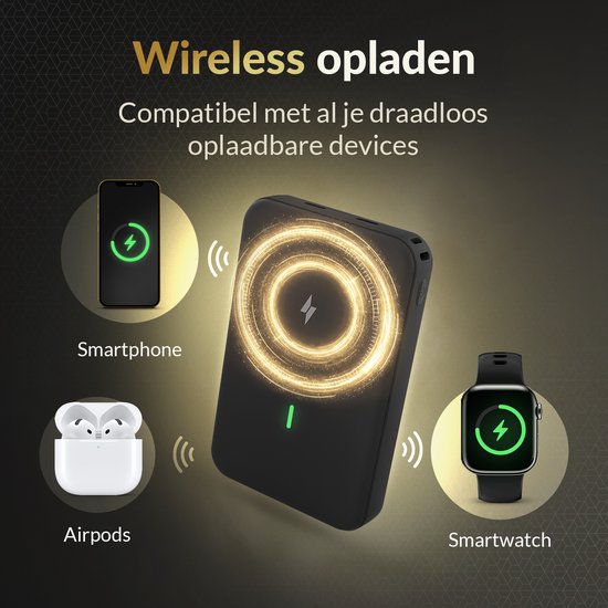 Zwarte powerbank laadt smartphone, AirPods en smartwatch draadloos op. Zaken met oplaadindicator.