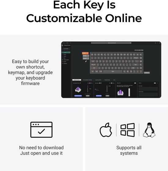 Afbeelding met tekst die aangeeft dat elke toets online aanpasbaar is. Toont een screenshot van software en iconen voor Apple, Windows en Linux.