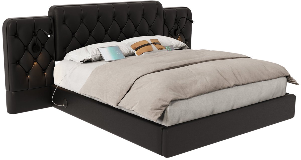 Merax 180x200cm Gestoffeerd Bed – Hydraulisch Opbergsysteem – Extra Grote Opbergruimte – Zwart – Kunstleer