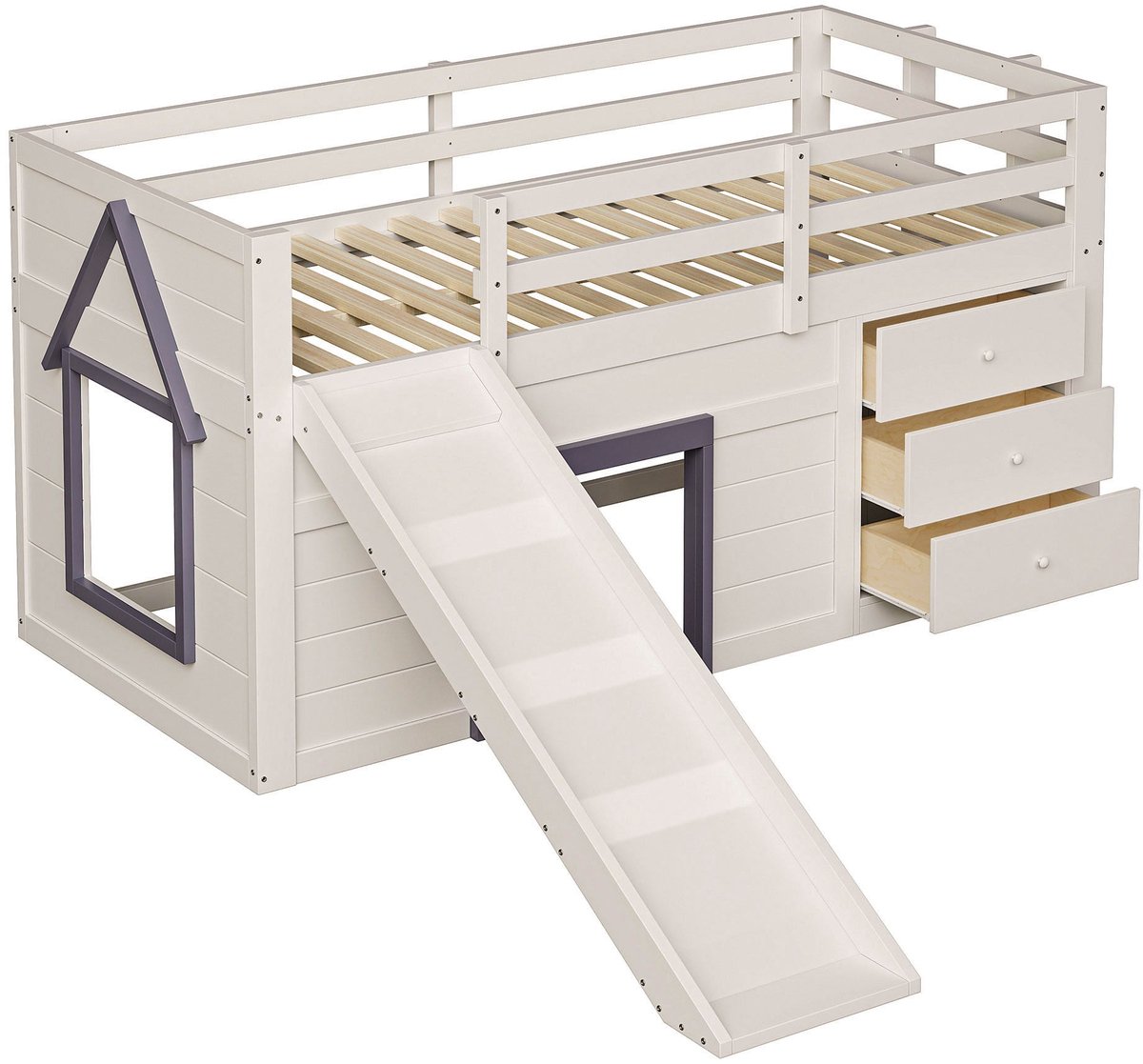 Merax Halfhoogslaper 90x200 cm met Glijbaan en Opbergruimte – 3 Laden en 2 Deuren – Crème Wit – Kinderbed Half Hoogslaper
