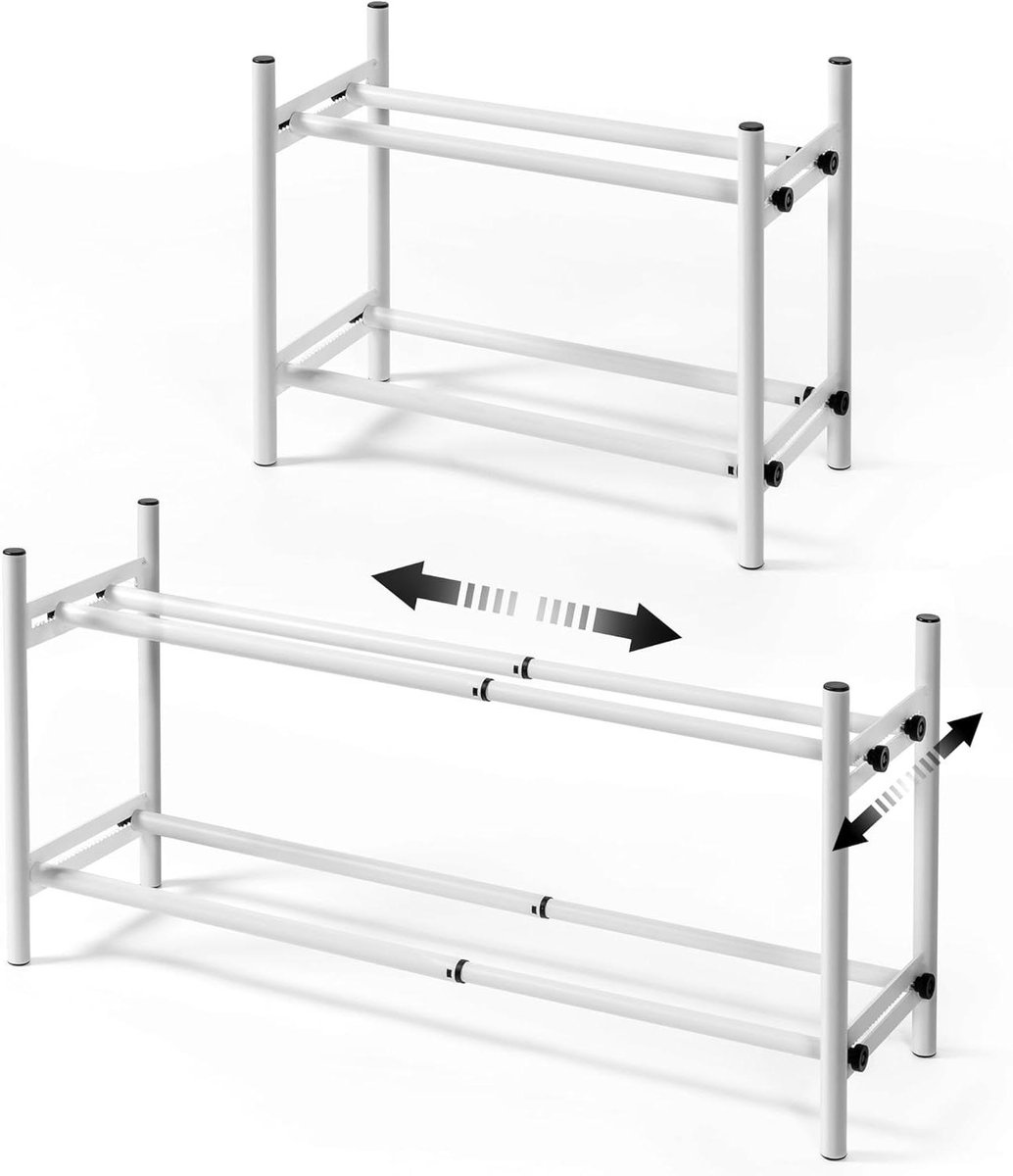 Allecto plus - Schoenenrek voor entree en slaapkamer - Verstelbaar metaal - Ruimtebesparend - Wit - 2 niveaus - 82 x 21,5 x 37,5 cm