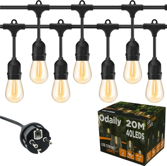 Foto: Odaily lichtsnoer 20 meter met 40 lampjes e27 warm wit 40x 1w led lampen 2 reserve koppelbaar tot 800m ip65 waterdicht prikkabel voor thuis horeca lichtslinger voor buiten