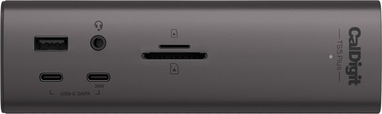 Vooraanzicht van een grijs CalDigit TS5 Plus+ docking station met USB-C, SD-kaartlezer, audio-aansluiting en USB-A poorten.