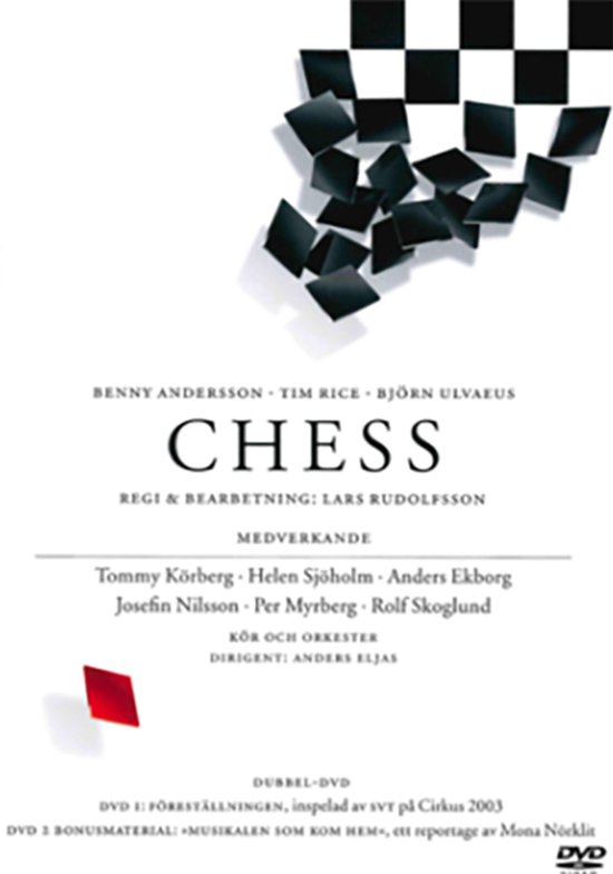 DVD-hoes voor "Chess", met een schaakbordmotief en titels in het Zweeds, met namen van acteurs en medewerkers.