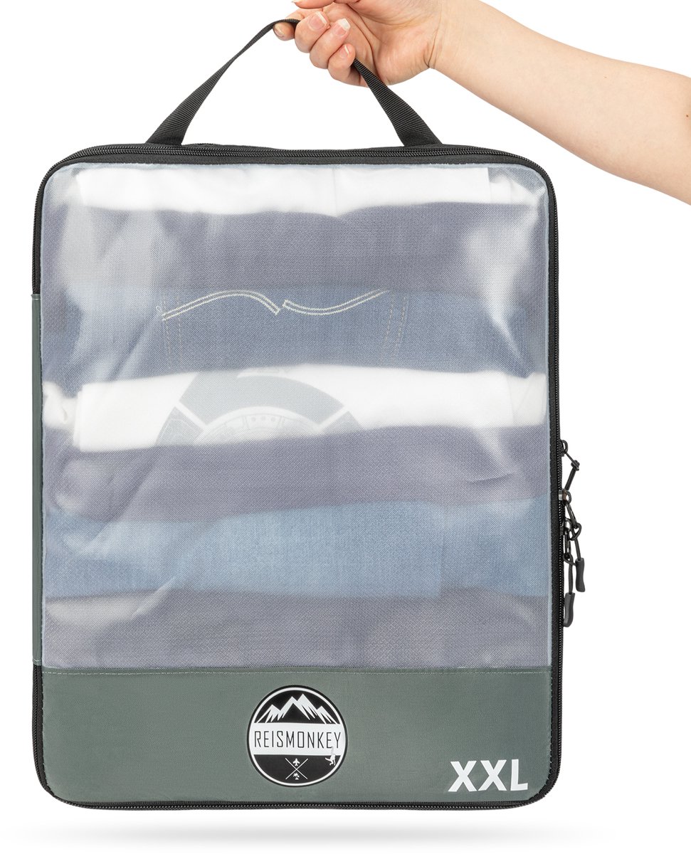 Reismonkey Packing cube XXL compressie - Grijs transparant - Waterdicht - met compressierits - Backpack en koffer organizer