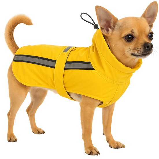 Chihuahua portant un imperméable jaune avec des rayures réfléchissantes et une capuche.