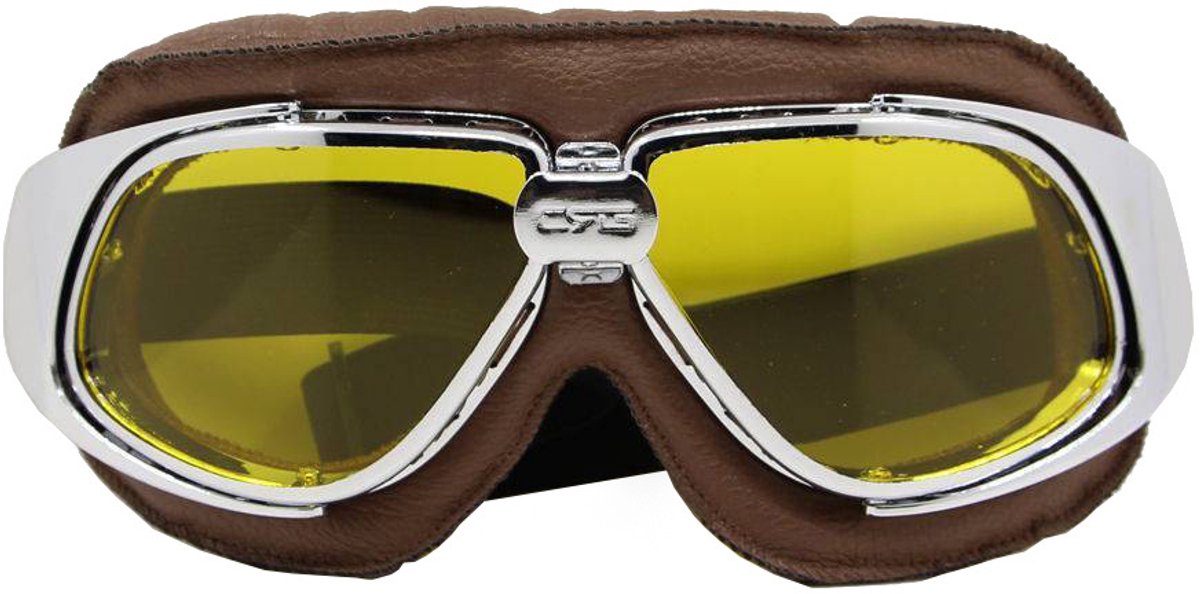 CRG Motorbril - Bruin met Chrome - Retro Motorbril voor Heren - Vintage Motorbrillen - Geel Glas