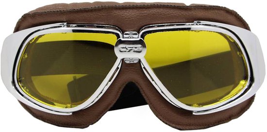 CRG Motorbril - Bruin met Chrome - Retro Motorbril voor Heren - Vintage Motorbrillen - Geel Glas