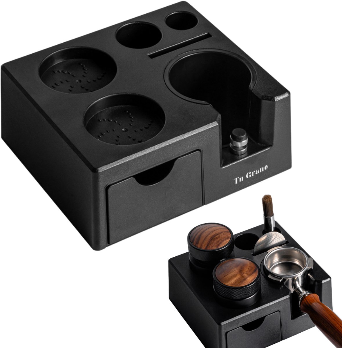 Tu Grano Barista Tamper Station - Tamper Houder voor Barista Accessoires - Pistonhouder - Koffie Organizer met Lade - Zwart