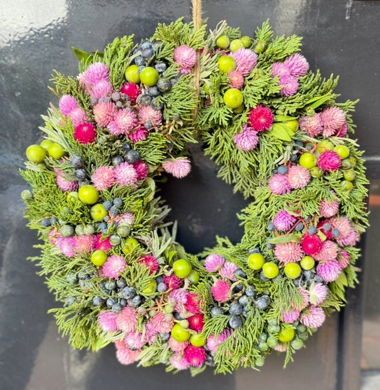 Kerstkrans | Decoratie landelijk | Roze / Groen / Lila | ø 30 cm.