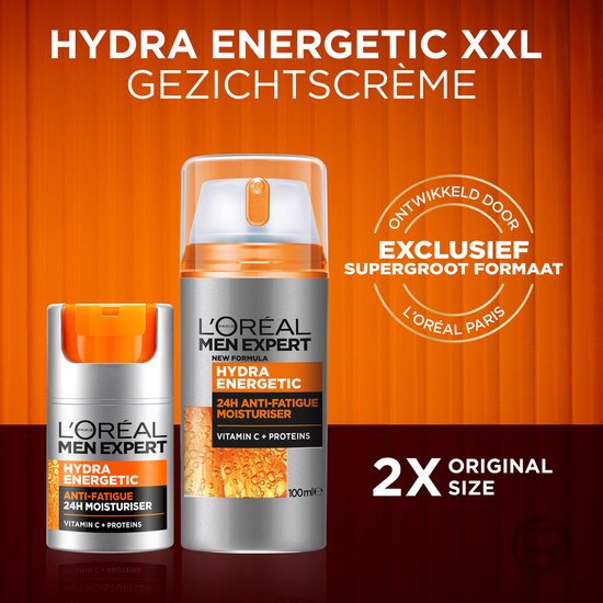 Twee L'Oréal Men Expert Hydra Energetic dagcrème flacons, een grote en een kleine, met de tekst 'HYDRA ENERGETIC XXL GEZICHTSCRÈME'.