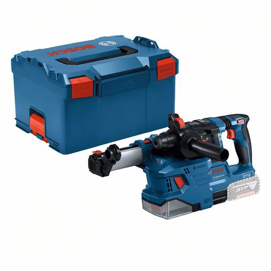 Blauwe Bosch boorhamer en blauwe Bosch L-BOXX koffer.