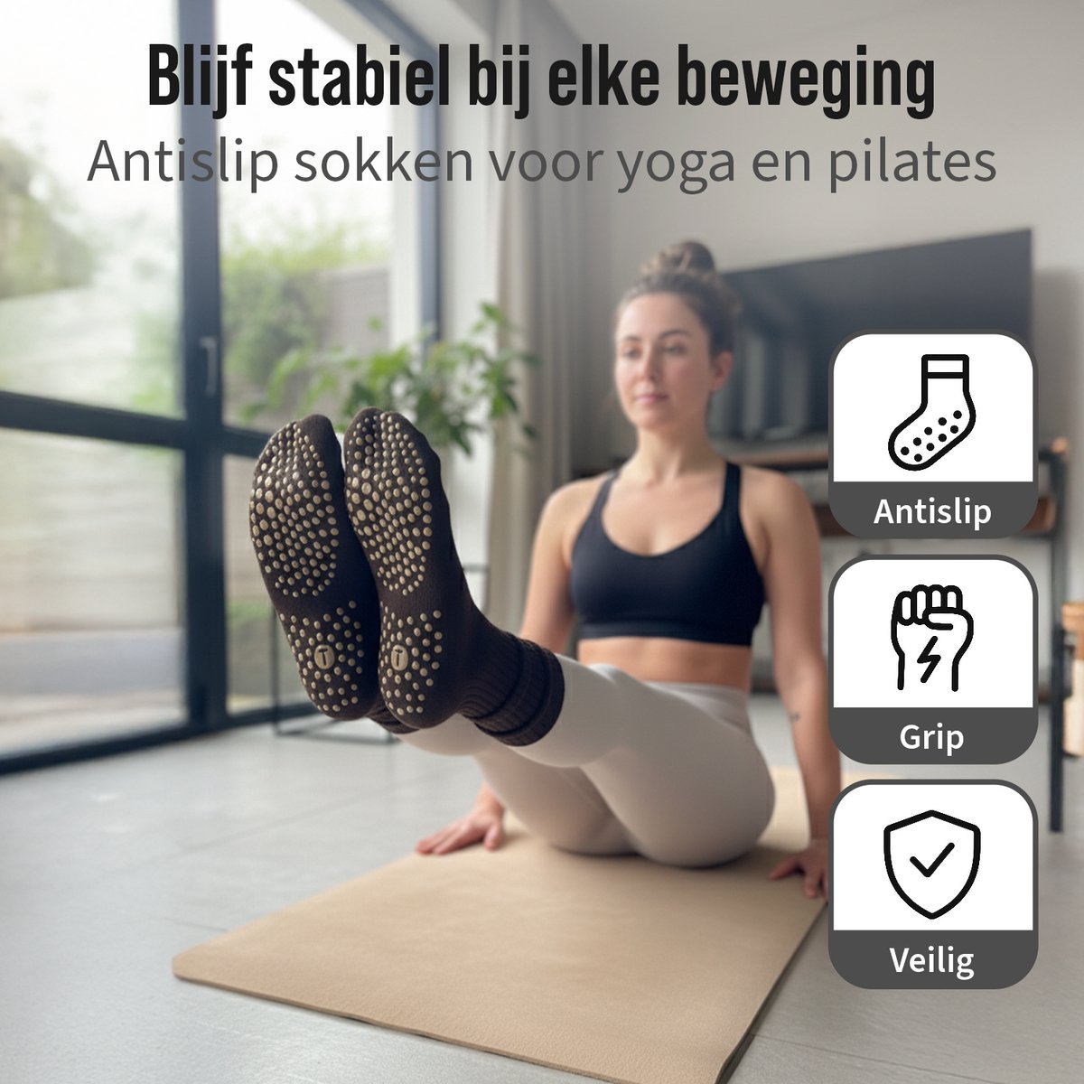 Yoga Sokken Set van 3 – Wit, Bruin, Beige – Antislip – Hoog - Laag te Dragen – One Size – Pilates - Fitness Sokken — cadeau in Sport & Outdoor - foto 8
