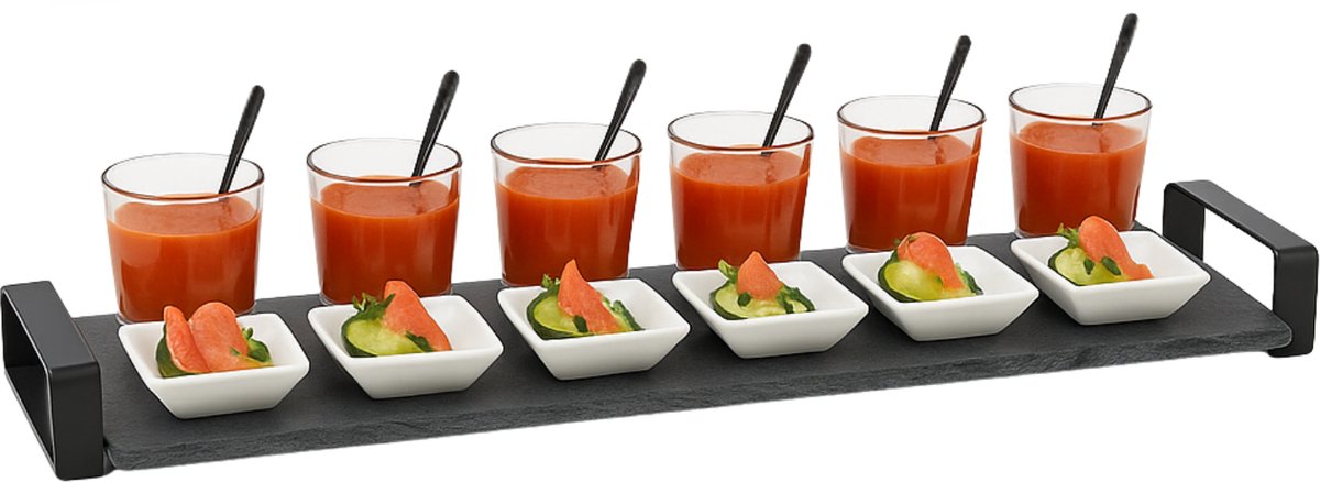 Lomera Tapas Set - Leisteen Dienblad - Serveerblad - Tapas Schoteltjes - Glazen Set - Zwarte Lepeltjes - Tapas Accessoires - Tapas Presentatie - Tapas Serveren - Tapas Servies - Tapas Glaasjes