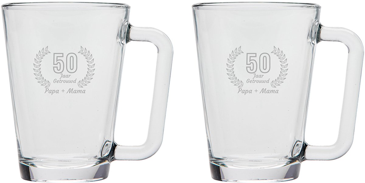 Gegraveerde set Theeglazen 26cl Papa + Mama 50 jaar getrouwd