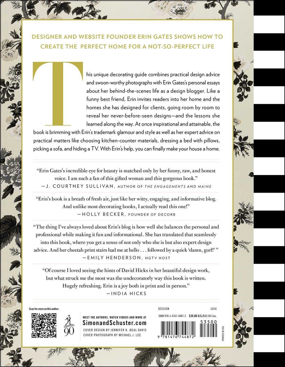 Achterkant boekcover "Elements of Style" met tekst en bloemenpatroon.