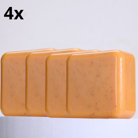 Savon au curcuma - 4 pièces - Savon au curcuma - Anti-acné - Élimination des taches pigmentaires - Vitamine C et E - Élimine les taches brunes - Savon 100 % naturel - 140 g - Filet à savon inclus