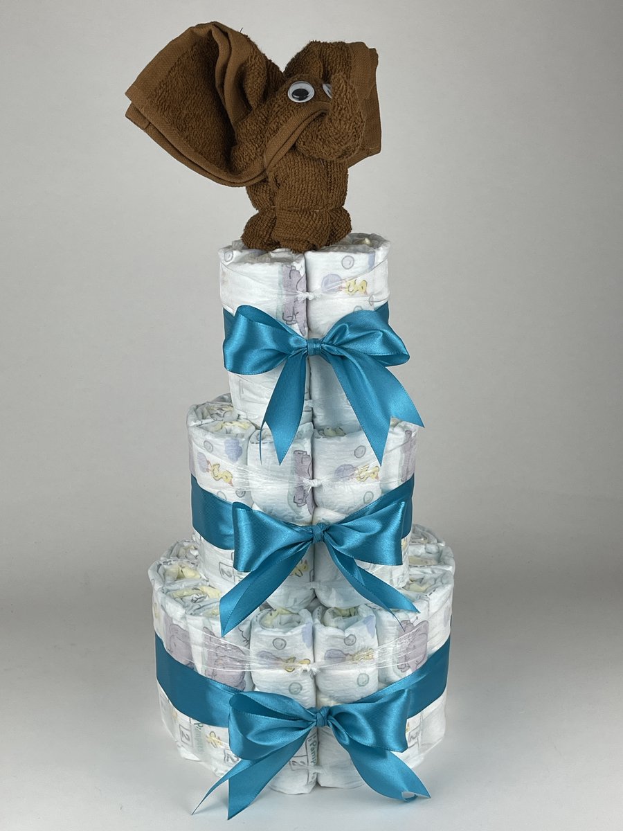 Chouette-Chouette | Luiertaart Neutraal | Kraamcadeau | Geboorte Jongen Meisje | Babyshower | Olifant clay Bruin - Petrol