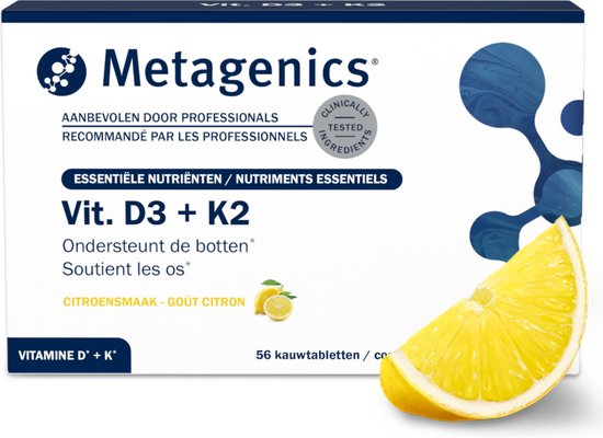 Verpakking van Metagenics Vitamine D3 + K2. Met een schijfje citroen ernaast. Tekst: Essentiële nutriënten, Vitamine D3 + K2, ondersteunt de botten, citroensmaak, 56 kauwtabletten.