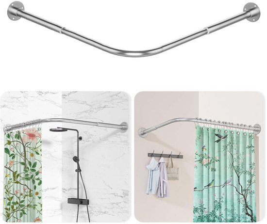 Tringle à rideau de douche en L - Barre de douche réglable en acier inoxydable - Pour baignoire/salle de bain - Embouts requis - Argent: 150-180 cm x 150-180 cm