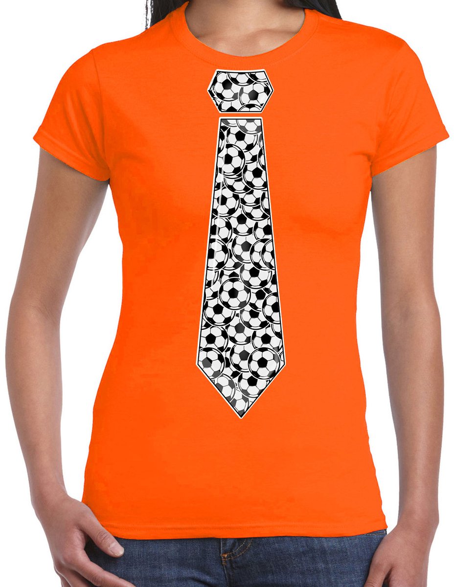 Bellatio Decorations Verkleed T-shirt dames - oranje - voetbal stropdas - EK/WK/themafeest M