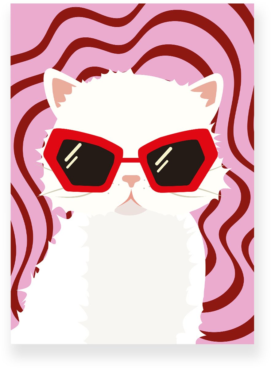 Yisual Aluminium plaat 20x30 cm - Poster - Kat met zonnebril - Roze - Rood - Dopamine Decor - Dieren - Muurdecoratie - Wanddecoratie