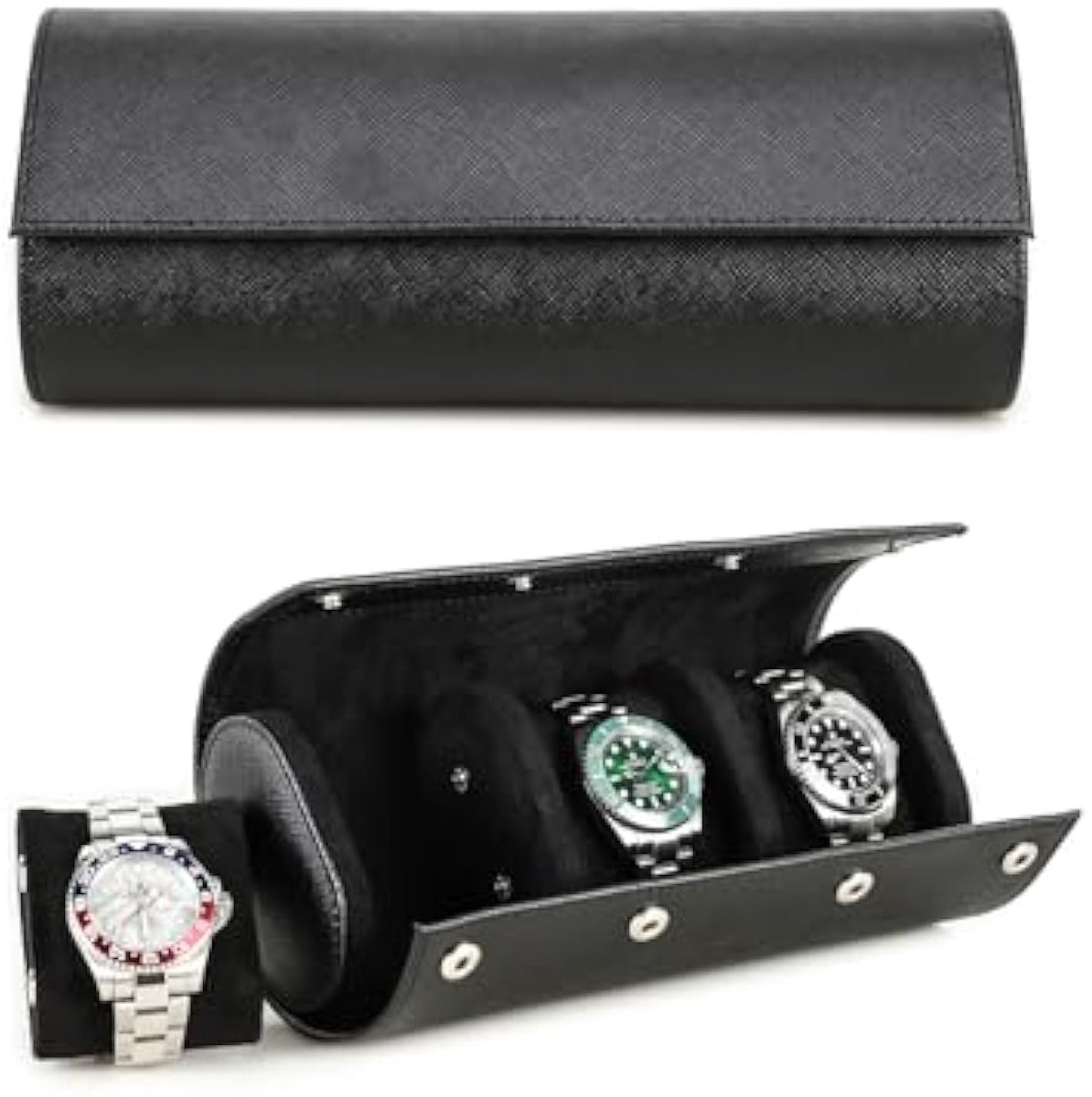 Horlogehoes van echt leer voor 3 horloges, handgemaakt, draagbaar reishorlogehoesje van echt Saffiano leer met afneembare kussens, klikmontage (zwart)