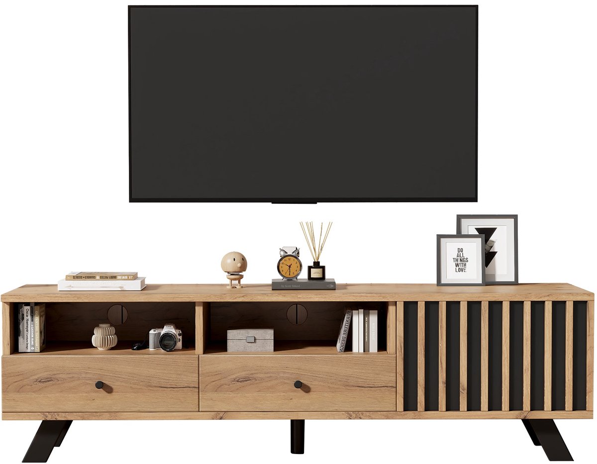 Merax TV-Meubel 150 x 38 x 44 cm – Houten TV-Kast met 2 Lades en 1 Deur – Lowboard voor 60 inch TV – Moderne Woonkamerkast in Houtkleur en Zwart