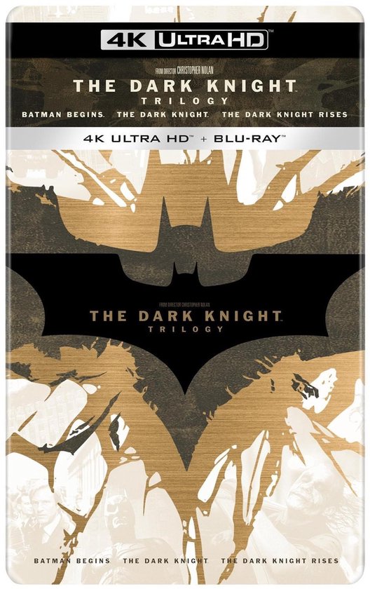 4K Ultra HD Blu-ray boxset van The Dark Knight Trilogy met gouden en bruine patronen en het Batman-logo.