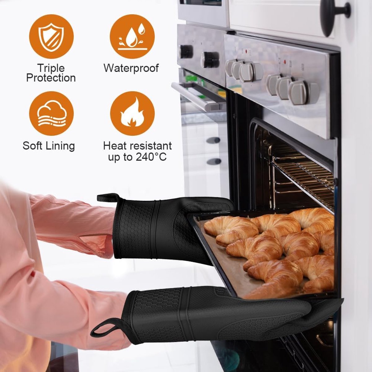 Candala Ovenwanten en pannenlappen, ovenwanten van siliconen, waterdicht, 446 °F antislip, hittebestendige handschoenen, lange keukenhandschoenen voor koken grillen met 2 pannenlappen