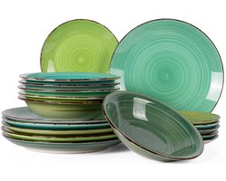 Cookinglife Serviesset Delice Groen 18-delig – 6 Personen – Bevat 6 Dinerborden, 6 Diepe Borden en 6 Ontbijtborden – Aardewerk met Diepgroene Reactive Glaze – Vaatwasser- en Magnetronbestendig – Luxe Serviesset met Stijlvolle Uitstraling