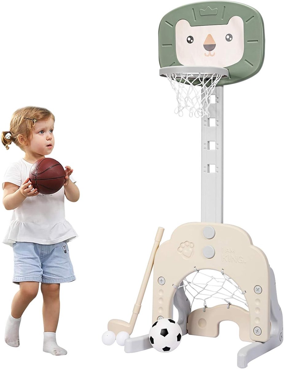 COSTWAY 3-in-1 kinderspeelplaats, in hoogte verstelbare basketbalkorf, voetbaldoel en golf, basketbalstandaard incl. ballen en golfclub, mand voor binnen en buiten, groen
