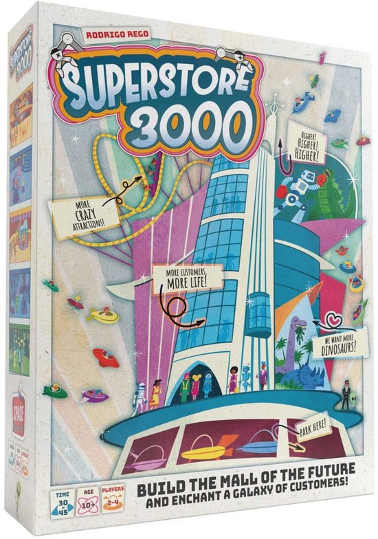 Zijkant van de Superstore 3000 bordspeldoos met een glimmend futuristisch warenhuis, mensen, dinosaurussen en vliegende schotels.