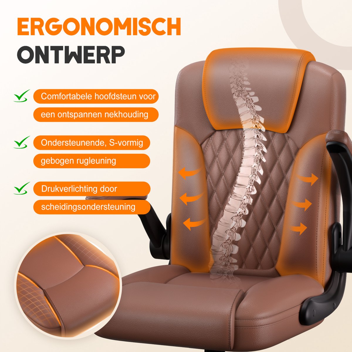 Elekiatech Ergonomische Bureaustoel-Bureaustoel-met 90°-120°Rugleuning Bureaustoelen voor Volwassenen-Inklapbare Armleuningen-Office Chair-Gaming Stoel-150kg - Bruin – foto 8