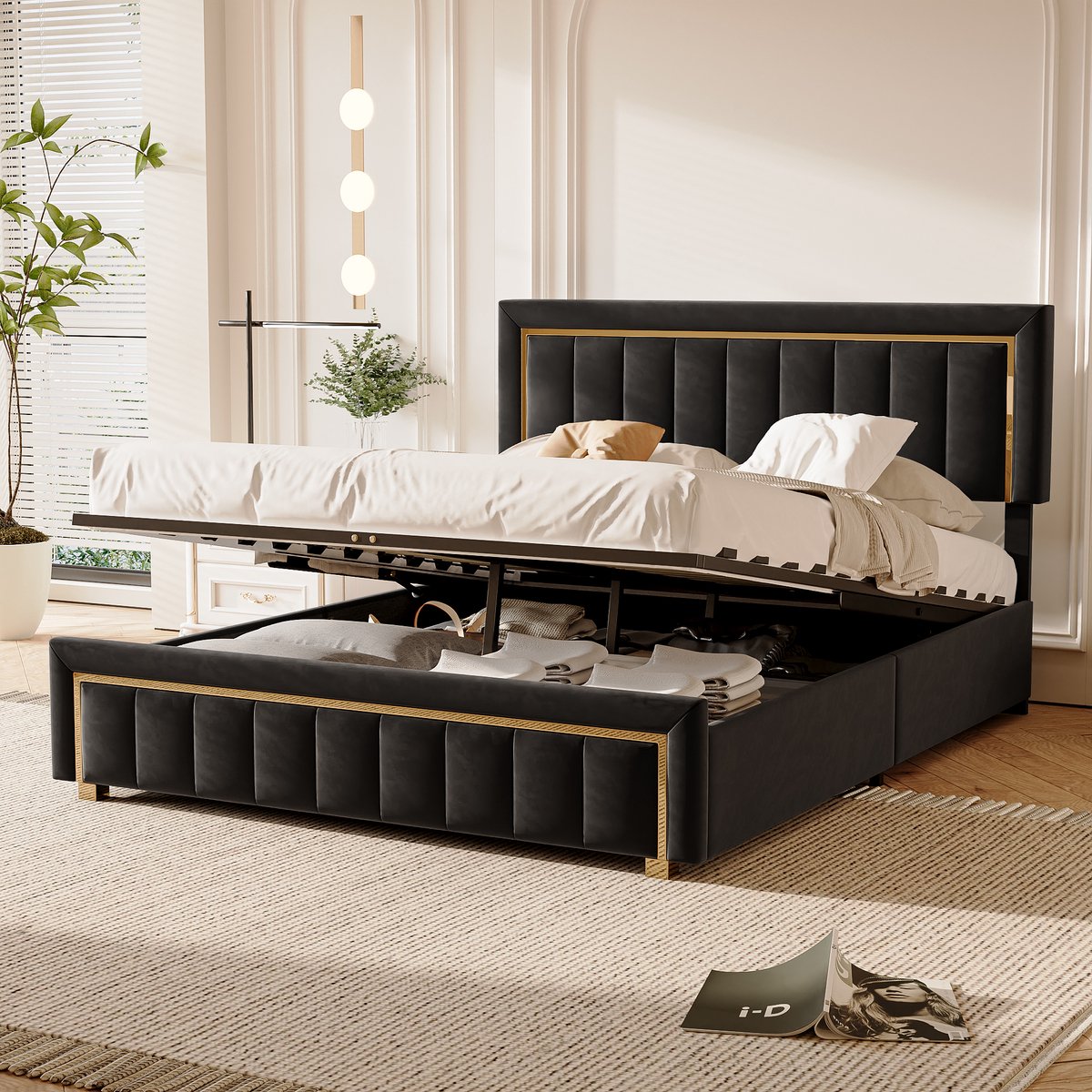 Modern bed 140x200cm gestoffeerd bed met flanellen hoofdeinde, hydraulisch bedframe met gouden afwerking, tweepersoonsbed met lattenbodem, zwarte flanel, zonder matras (splitsen voor 2 pakketten voor verzending)