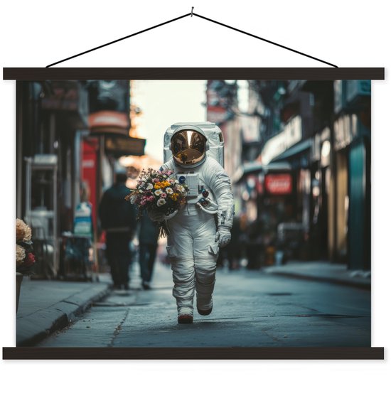 Posterhanger incl. Poster 120x90 cm - Schoolplaat - Boeket - Bloemen - Kleurrijk - Astronaut - Textielposter - Zwarte latten