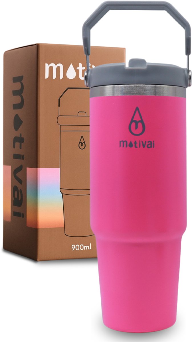 Motivai Flip Straw Tumbler - Roze - 30oz - Travel Cup - RVS Thermosbeker met Handvat en Rietje - Drinkbeker To Go - 900 ML - Travel Mug - Thermosbeker - Thermosfles - Thermoskan - Geschikt voor warme en kouden dranken - Drinkfles - Waterflessen