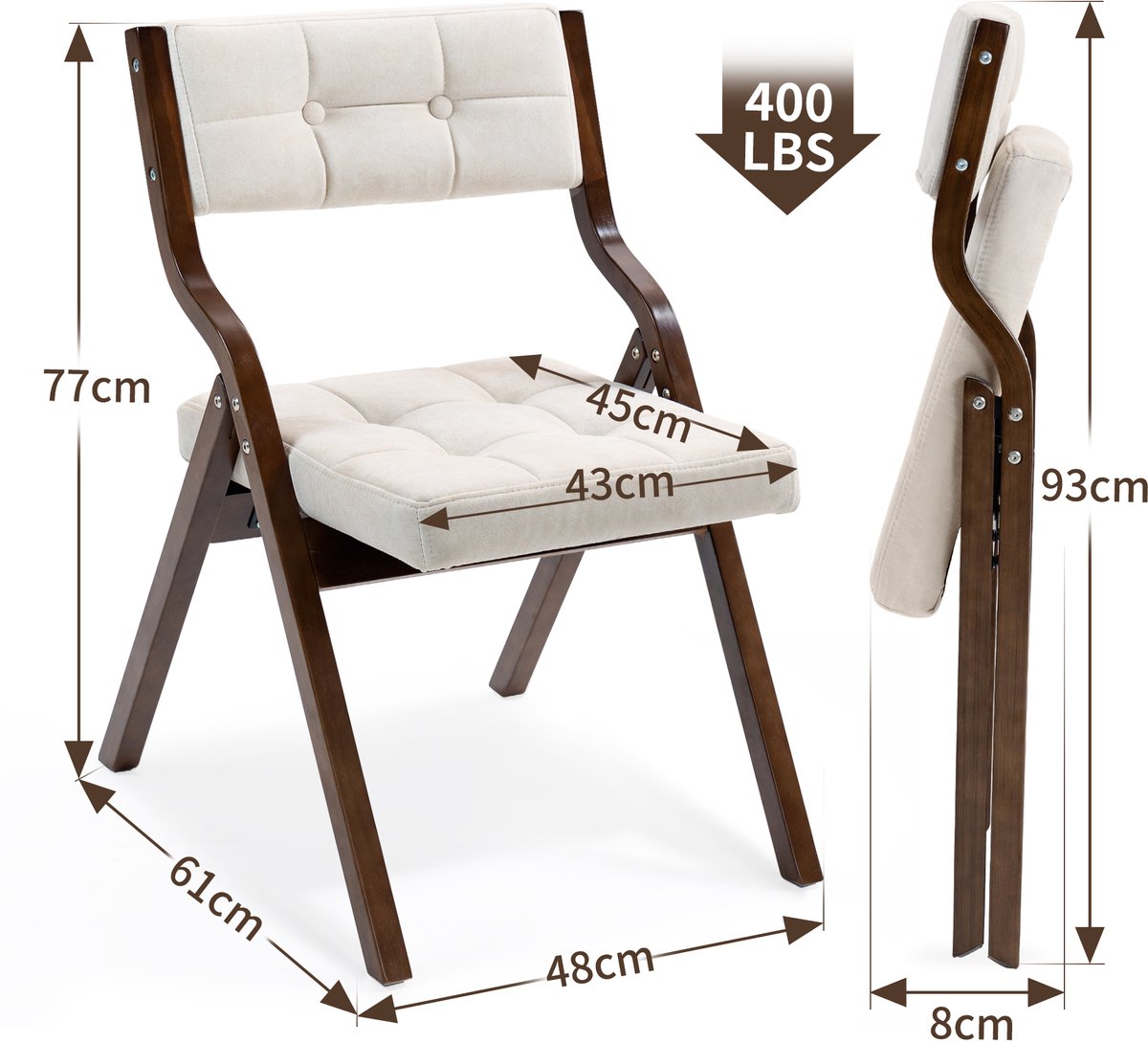 HOMEFUN Opvouwbare Stoelen met Kussen, 2 Stuks Houten Opvouwbare Stoelen met Vulling, Draagbare en Gemonteerde Eetkamerstoelen voor Gasten, Keuken, Kantoor, Trouwfeest en Feestje, Crème