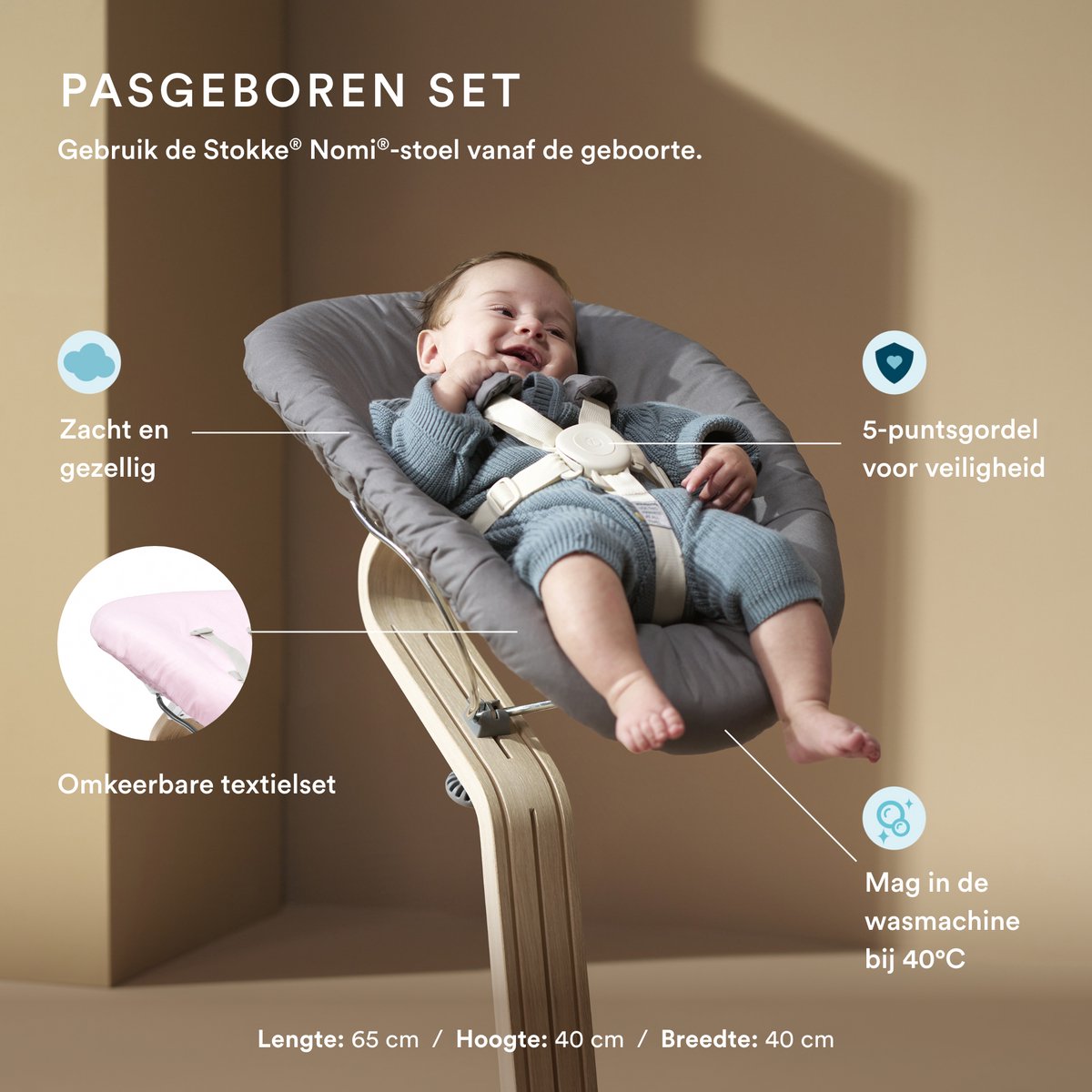 Stokke Nomi stoel (wit) met set voor pasgeborenen (wit/grijs roze) - Inclusief 5-punts veiligheidsharnas en omkeerbare, wasbare textielset - Kan tot 150 kg dragen – foto 4