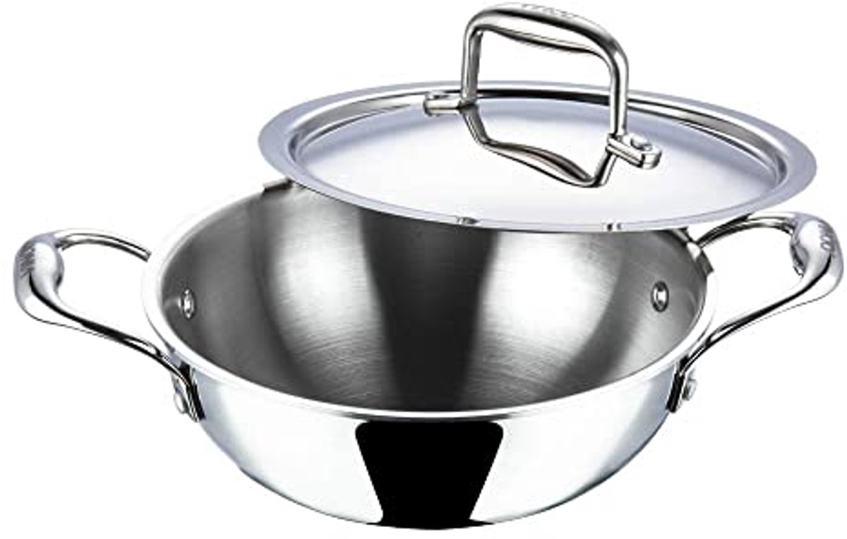 Extra Diepe RVS Kadai Wok met Inductievriendelijk Deksel - 22cm, 2.4 LTR