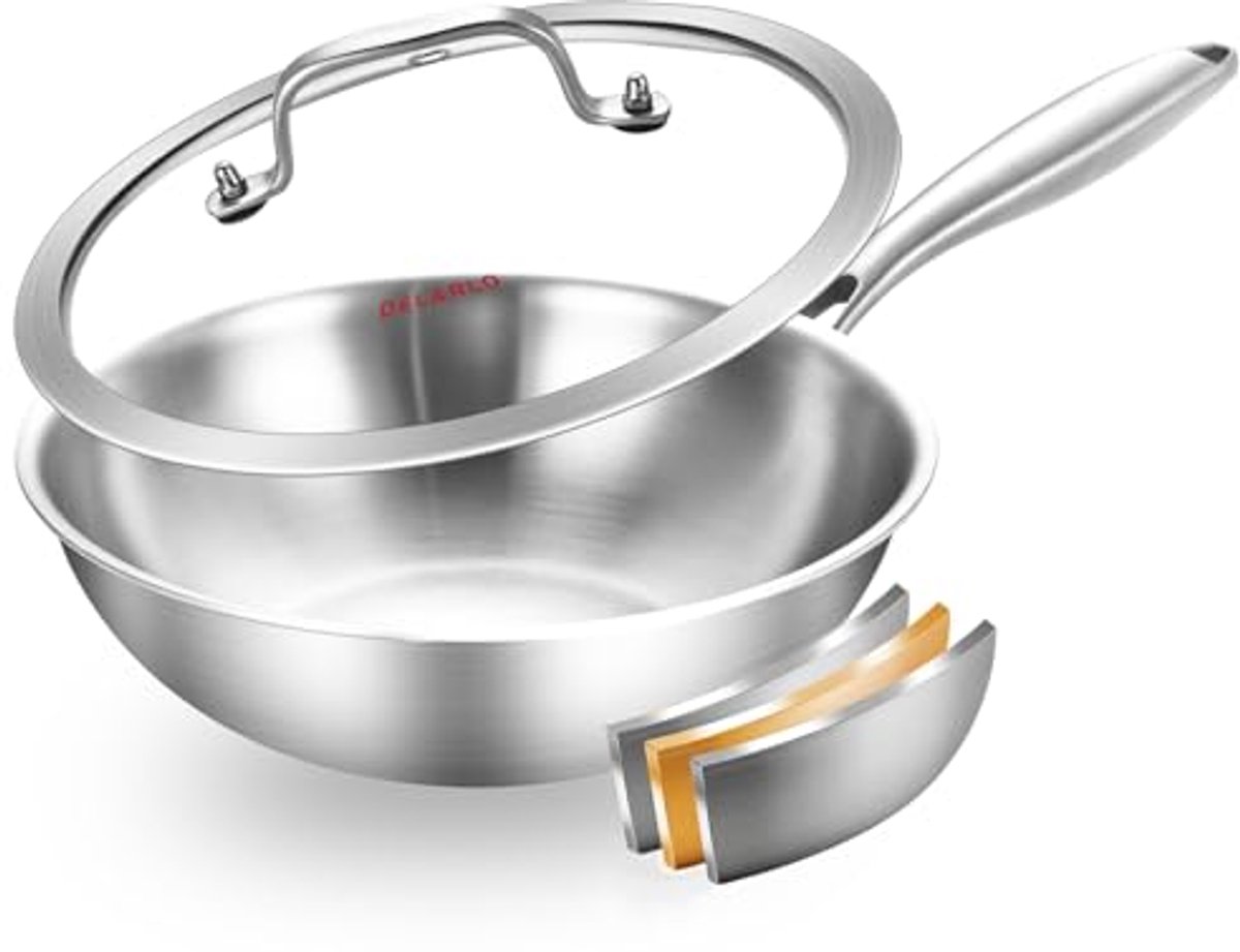 RVS Wok Pan - 10 Inch Tri-Ply met Deksel - Ovenbestendig en Geschikt voor Inductie